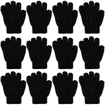 ONESING 12 Pairs Black Kids Knit Gloves - Stretchy Solid Finger Gloves for Girls & Boys