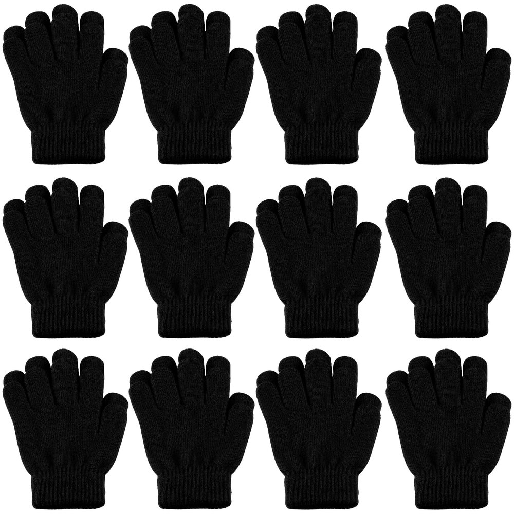 ONESING 12 Pairs Black Kids Knit Gloves - Stretchy Solid Finger Gloves for Girls & Boys
