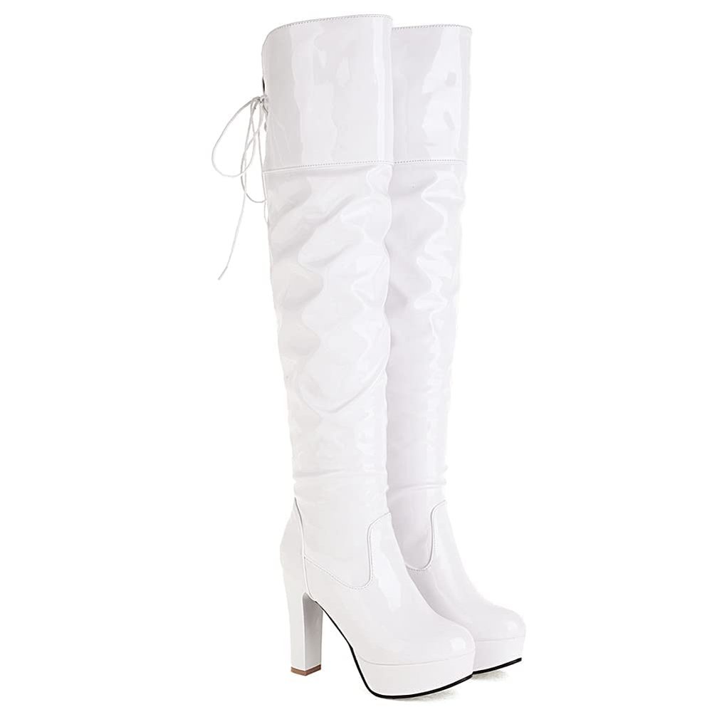HINDOLA Women Over The Knee Thigh High Boots Lace up Leather Chunky Heel Platform Knight Boots Fashion Long Combat Boots
