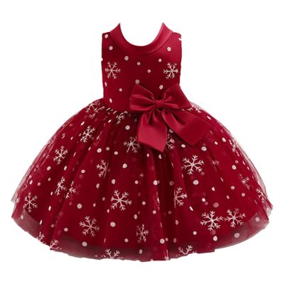 YOOJIA Infant Baby Girls Christmas Holiday Party Dress Bowknot Ball Gown Snowflake Print Birthday Dress Burgundy 12-18 Months