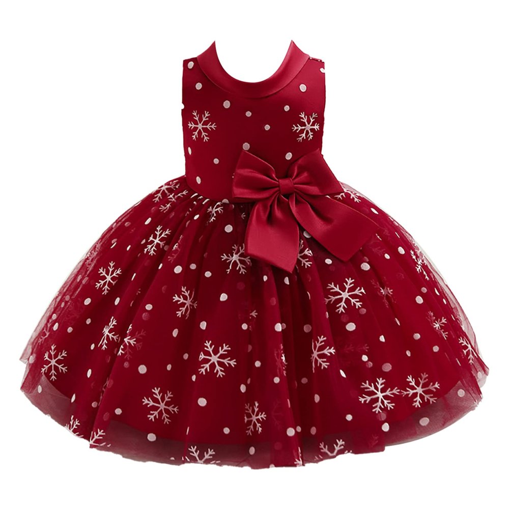 YOOJIA Infant Baby Girls Christmas Holiday Party Dress Bowknot Ball Gown Snowflake Print Birthday Dress Burgundy 12-18 Months