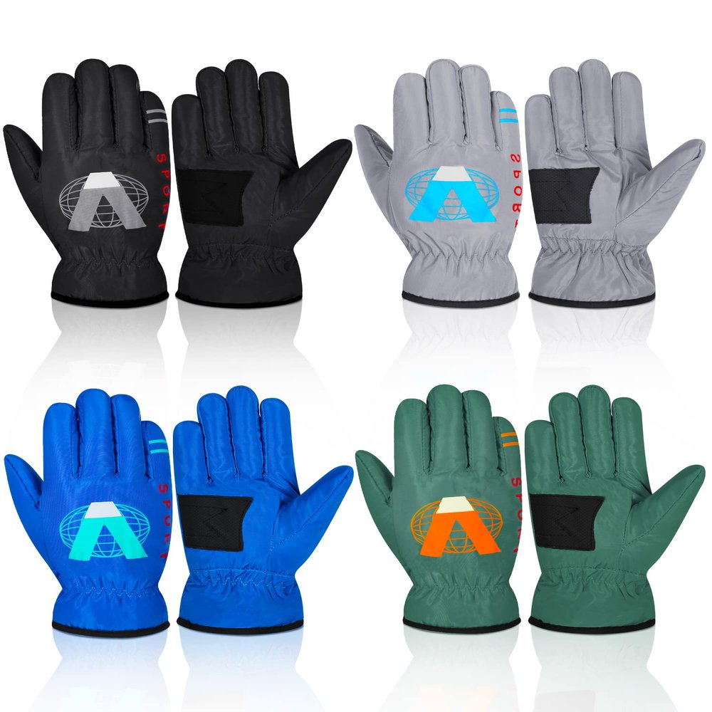 Hicarer 4 Pairs Winter Gloves for Kids Waterproof Snow Ski Gloves Girls Boys Warm Unisex Youth Clothes for Cold Weather(Army Green, Blue, Gray, Black,1-4 Years Old)