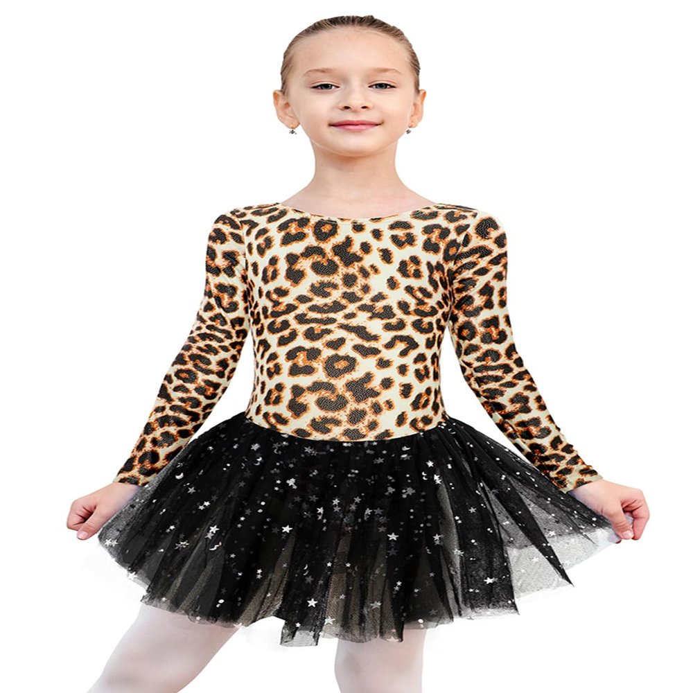 EQSJIU Long Sleeve Dance Leotard for Girls Sparkly Snowflake Ballet Dress Toddler Tutu Skirted Leotard Outfits for Girls, 7-8 Years, Ls Leopard