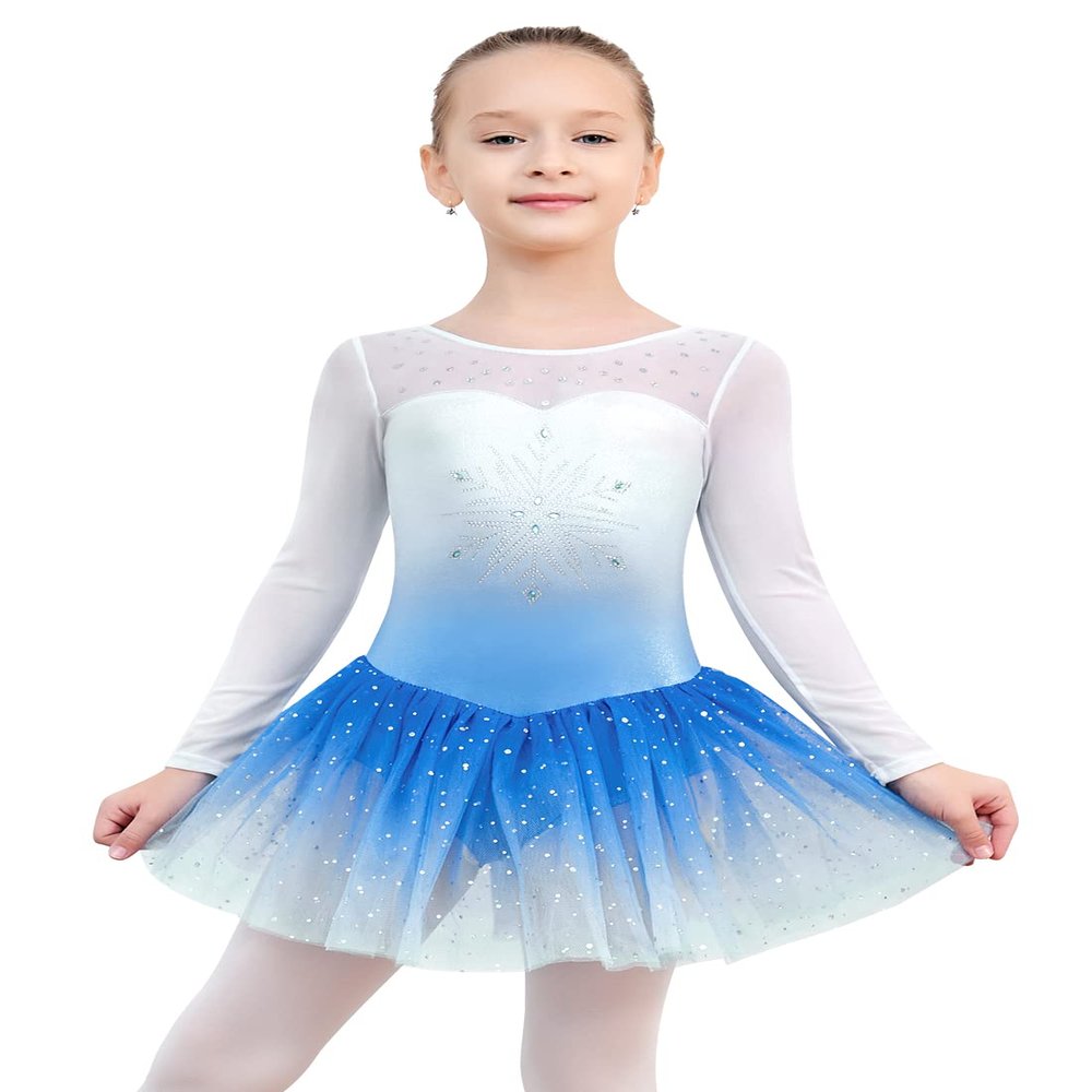 EQSJIU Long Sleeve Dance Leotard for Girls Sparkly Snowflake Ballet Dress Toddler Tutu Skirted Leotard Outfits for Girls, 1-2T, Ls Blue
