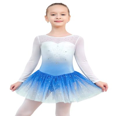 EQSJIU Long Sleeve Dance Leotard for Girls Sparkly Snowflake Ballet Dress Toddler Tutu Skirted Leotard Outfits for Girls, 4-5T, Ls Blue