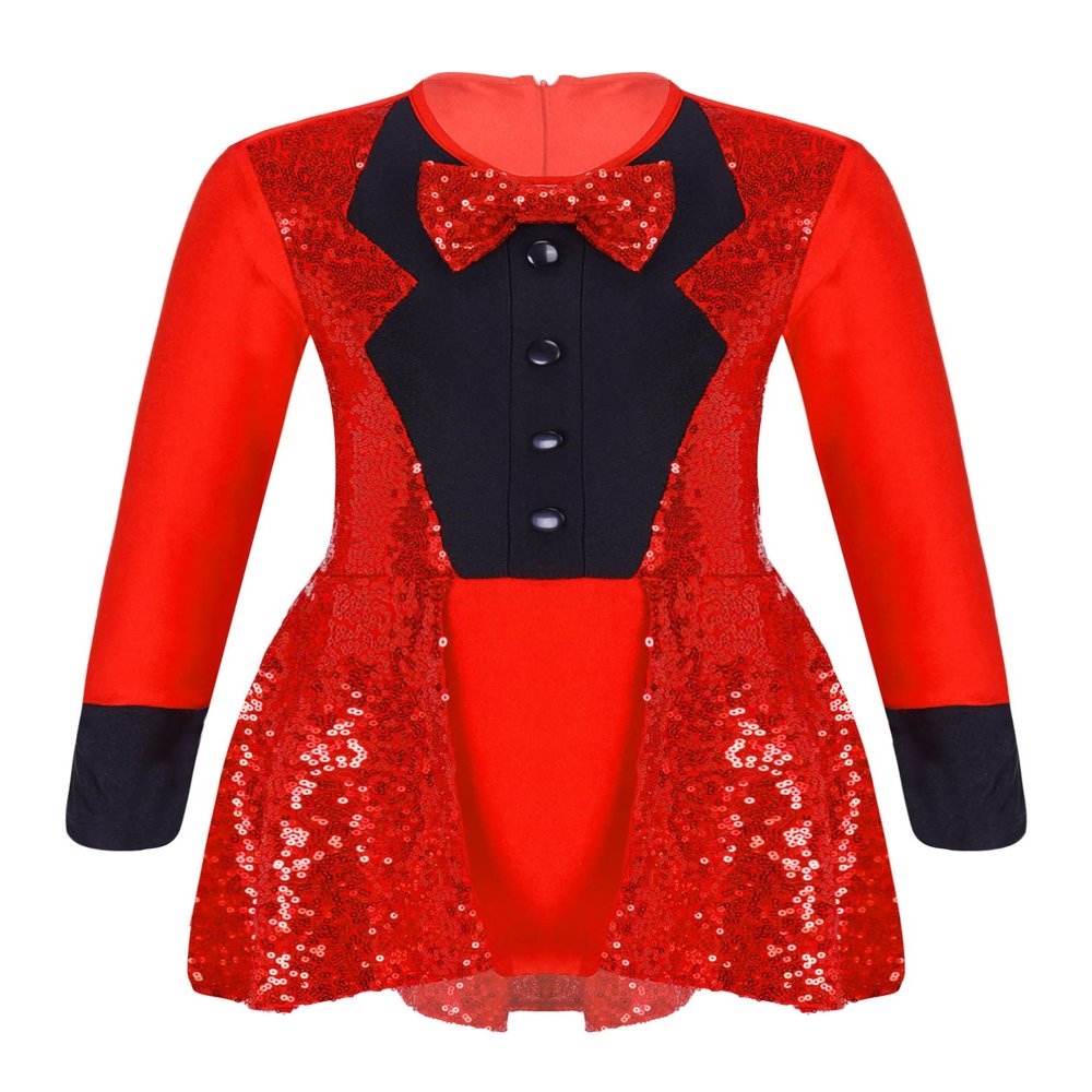 Agoky Kids Girls Long Sleeve Sequin Ruffle Hem Leotard Dance Dress Hallween Party Jazz Modern Dance Fancy Dresses Red 6 Years