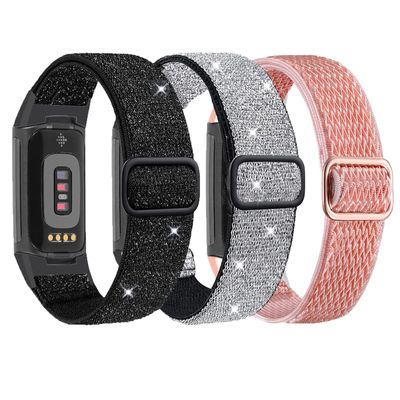 Nigaee 3 Pack Elastic Nylon Bands & Lace Silicone Bands Compatible with Fitbit Charge 5,Adjustable Breathable Replacement Straps Soft Nylon Loop & Slim Silicone Wristbands for Women Men
