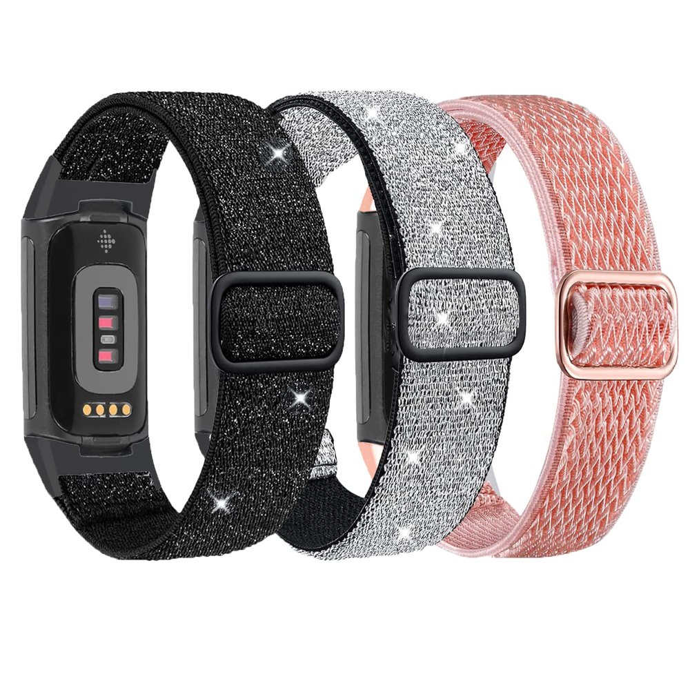 Nigaee 3 Pack Elastic Nylon Bands & Lace Silicone Bands Compatible with Fitbit Charge 5,Adjustable Breathable Replacement Straps Soft Nylon Loop & Slim Silicone Wristbands for Women Men