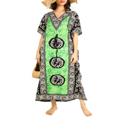 Tengru Women's Green Printed Kaftan Maxi Dress, V-Neck Beach Cover Up, Lightweight Boho Caftan Lounge Dress, Loose Resort Wear, Oversized Vacation Swim Cover-Up, Casual Summer House Dress