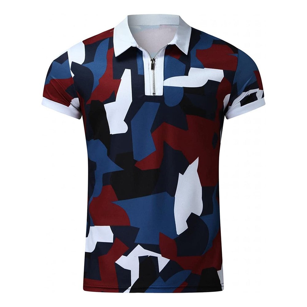 Maiyifu-GJ Men Zip Up Color Block Polo Shirt Graphic Casual Slim Fit Lapel Neck Shirts Short Sleeve 1/4 Zip Printed T-Shirts (Color,3X-Large)