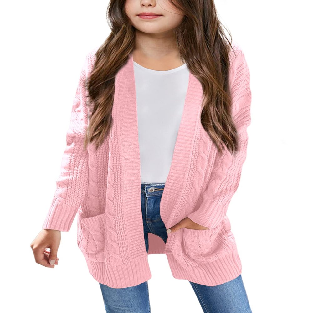Batermoon Girls' Cardigan Sweaters Kids Cable Knit Casual Oversized Open Front Knitted Outerwear with Pocket Pink