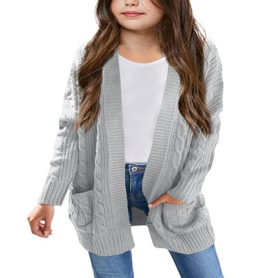 Batermoon Girls' Cardigan Sweaters Kids Cable Knit Casual Oversized Open Front Knitted Outerwear with Pocket Gray