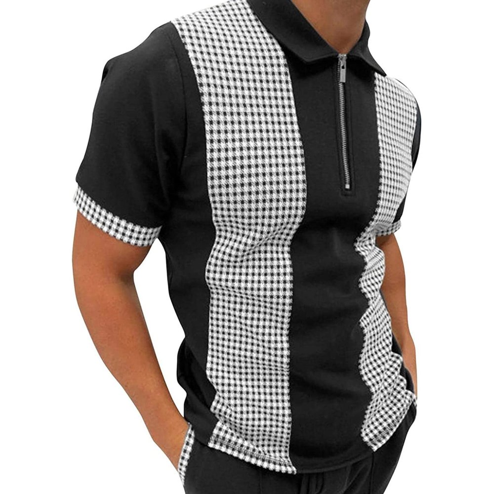 Men Printed Zipper Muscle Polo Shirts Short Sleeve Quarter Zip Graphic Tees Casual Slim Fit Summer T Shirts Tops (Black,Medium)