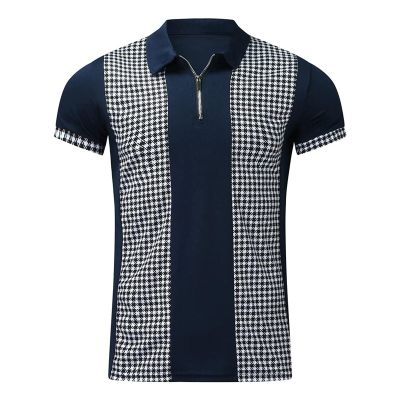 Maiyifu-GJ Men Zip Up Color Block Polo Shirt Graphic Casual Slim Fit Lapel Neck Shirts Short Sleeve 1/4 Zip Printed T-Shirts (Blue,Large)