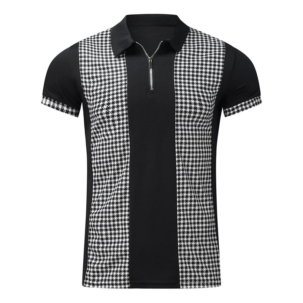 Maiyifu-GJ Men Zip Up Color Block Polo Shirt Graphic Casual Slim Fit Lapel Neck Shirts Short Sleeve 1/4 Zip Printed T-Shirts (Black 1,Small)