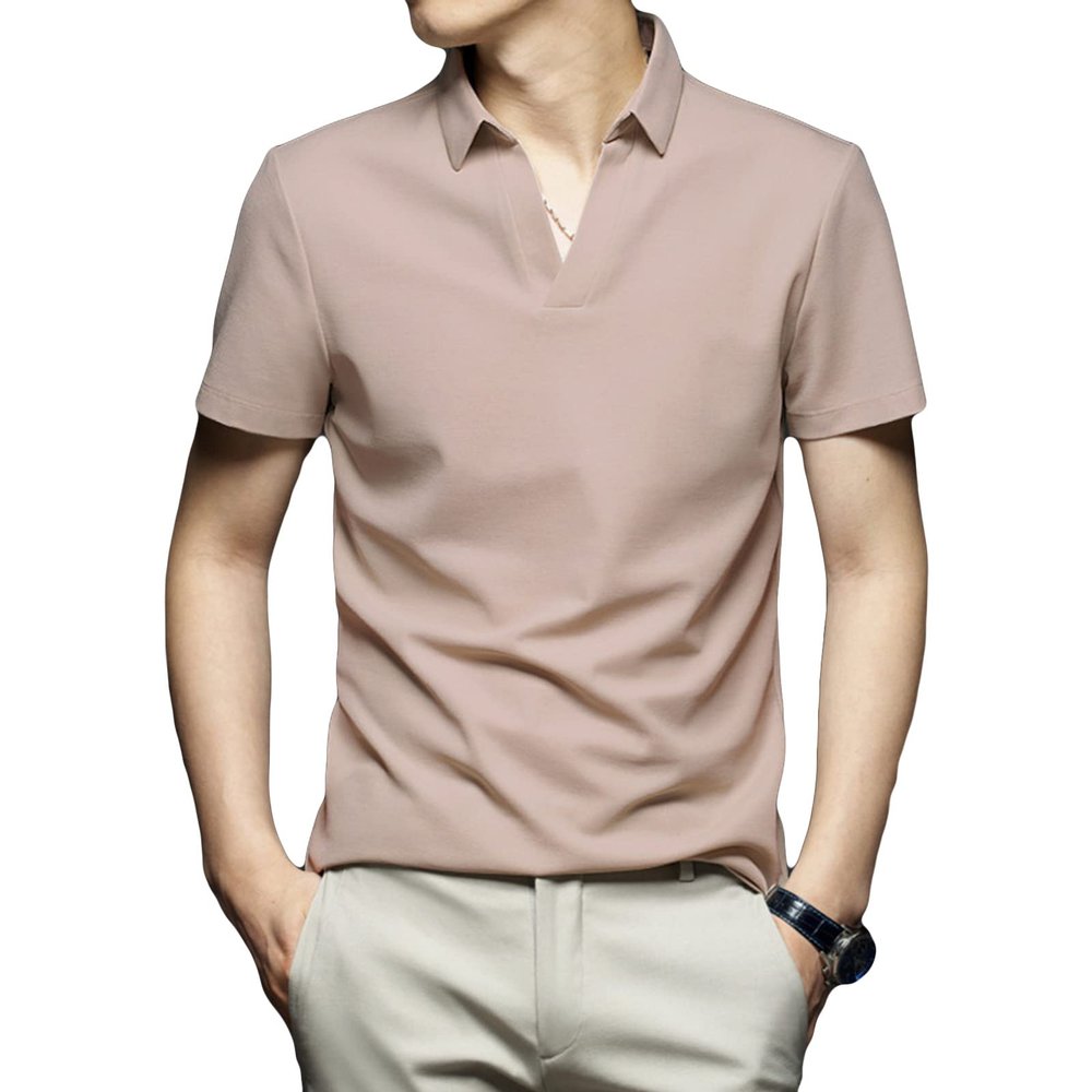 Maiyifu-GJ Men's Classic Fit Solid Polo Shirt Casual Regular Fit Solid Stretch T-Shirt Lightweight Athletic Golf Shirts (Khaki,Large)