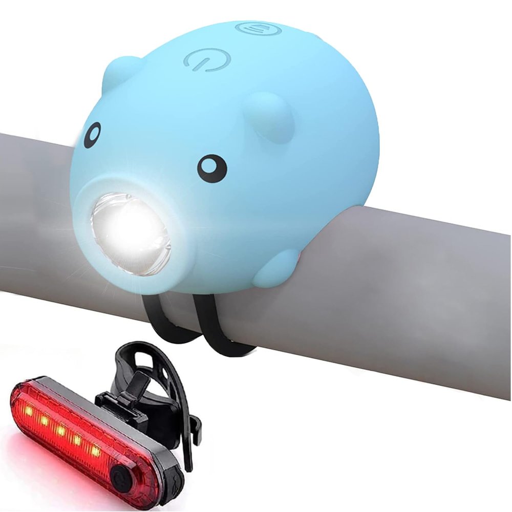 AaiLucky Kids Bike Lights for Night Riding, Girls Bike Horn and Light 2 in 1, Rechargeable Bicycle Scooter Headlight and Tail Light Set for Boys Adults, 3 Lighting Mode, Cute Bicycle Accessories