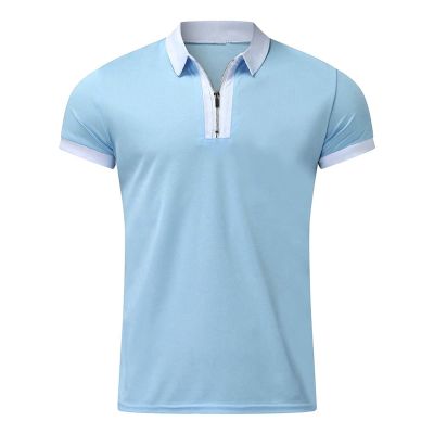 Maiyifu-GJ Men Zip Up Color Block Polo Shirt Graphic Casual Slim Fit Lapel Neck Shirts Short Sleeve 1/4 Zip Printed T-Shirts (Light Blue,Small)