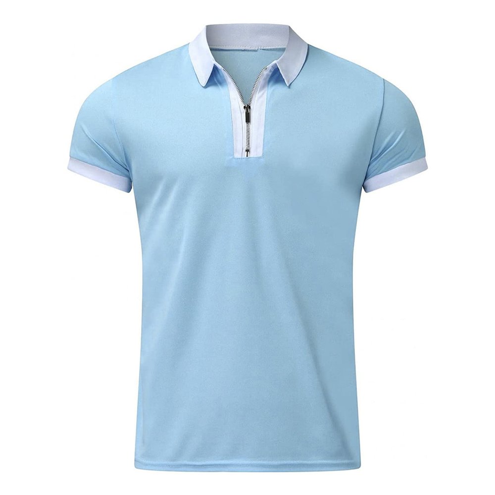 Maiyifu-GJ Men Zip Up Color Block Polo Shirt Graphic Casual Slim Fit Lapel Neck Shirts Short Sleeve 1/4 Zip Printed T-Shirts (Light Blue,Small)