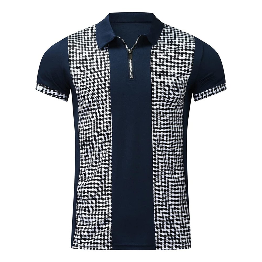 Maiyifu-GJ Men Zip Up Color Block Polo Shirt Graphic Casual Slim Fit Lapel Neck Shirts Short Sleeve 1/4 Zip Printed T-Shirts (Blue,Medium)