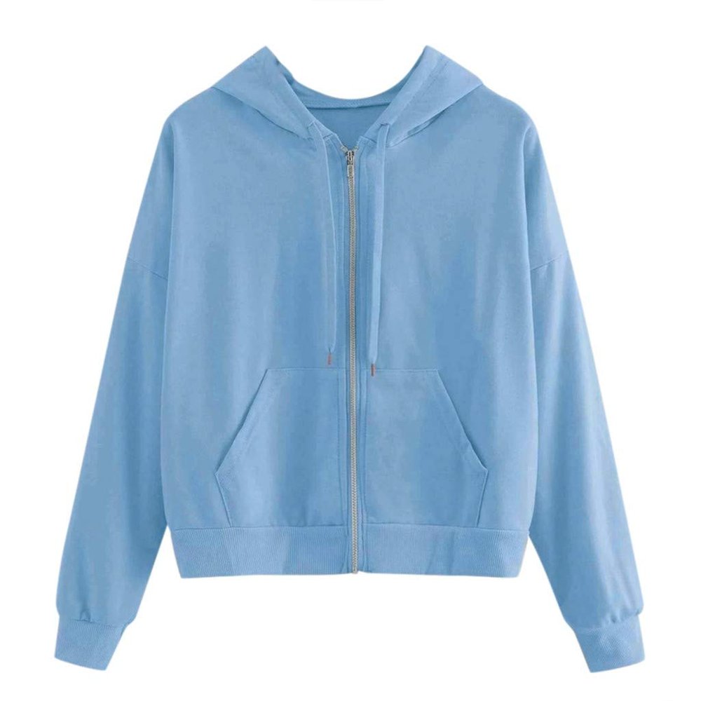 Women Casual Cropped Zip Up Hoodie Cute Crop Top Y2K Teen Girls Trendy Lightweight Crop Jacket Long Sleeve Sweatshirt Blue