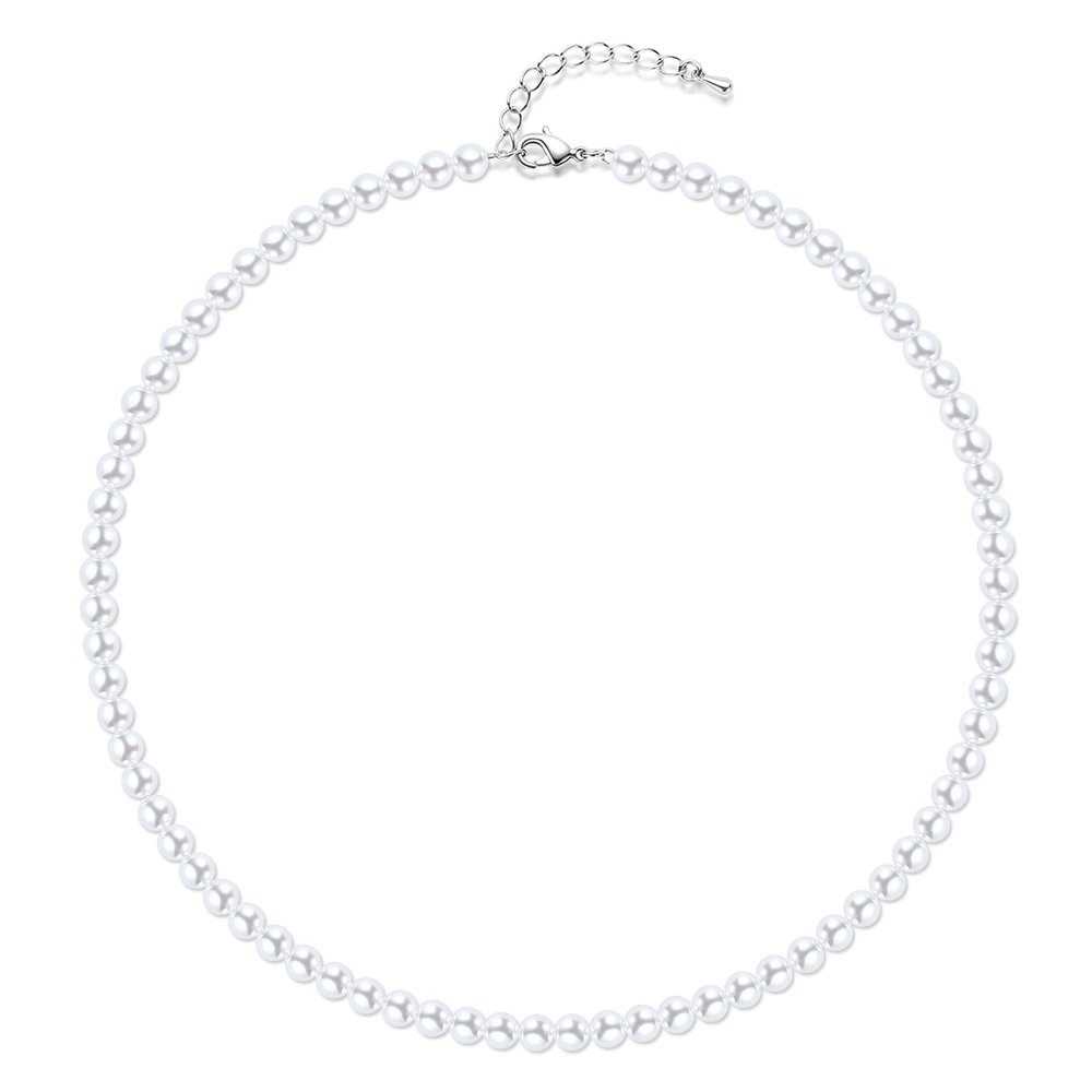 Aleasha 6mm Faux Pearl Necklace for Women Men 18" Round White Pearl Strand Wedding Jewelry (6mm,18", White)