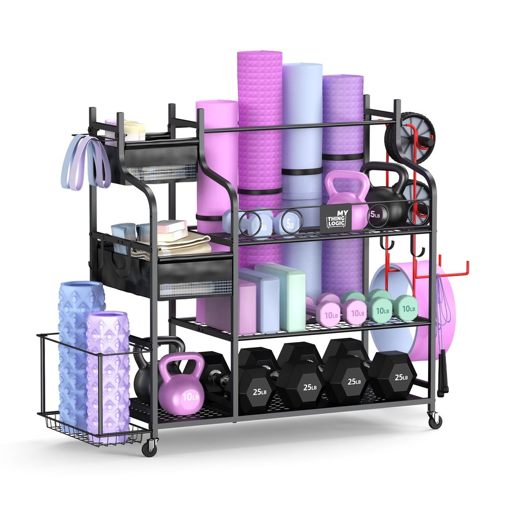Mythinglogic Weight Rack for Dumbbells, Home Gym Storage for Yoga Mat Dumbbells Kettlebells and Strength Training Equipment, Dumbbell Rack with Wheels and Hanging Hooks (Black)