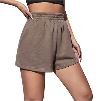 Womens 5" Sports Shorts Loose Comfy Yoga Sweat Cotton Shorts Athletic Fit High Waist Pockets Running Lounge Short Pant Brown
