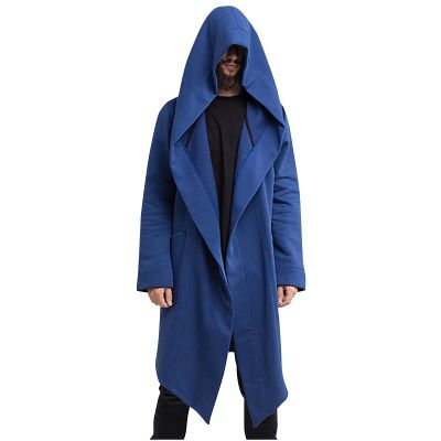 hhaappyy Men's Mid-Length Street Fashion Steampunk Cape Cloak with Hood Long Sleeve Fleece Cardigan Trench Coat with Pockets, Blue