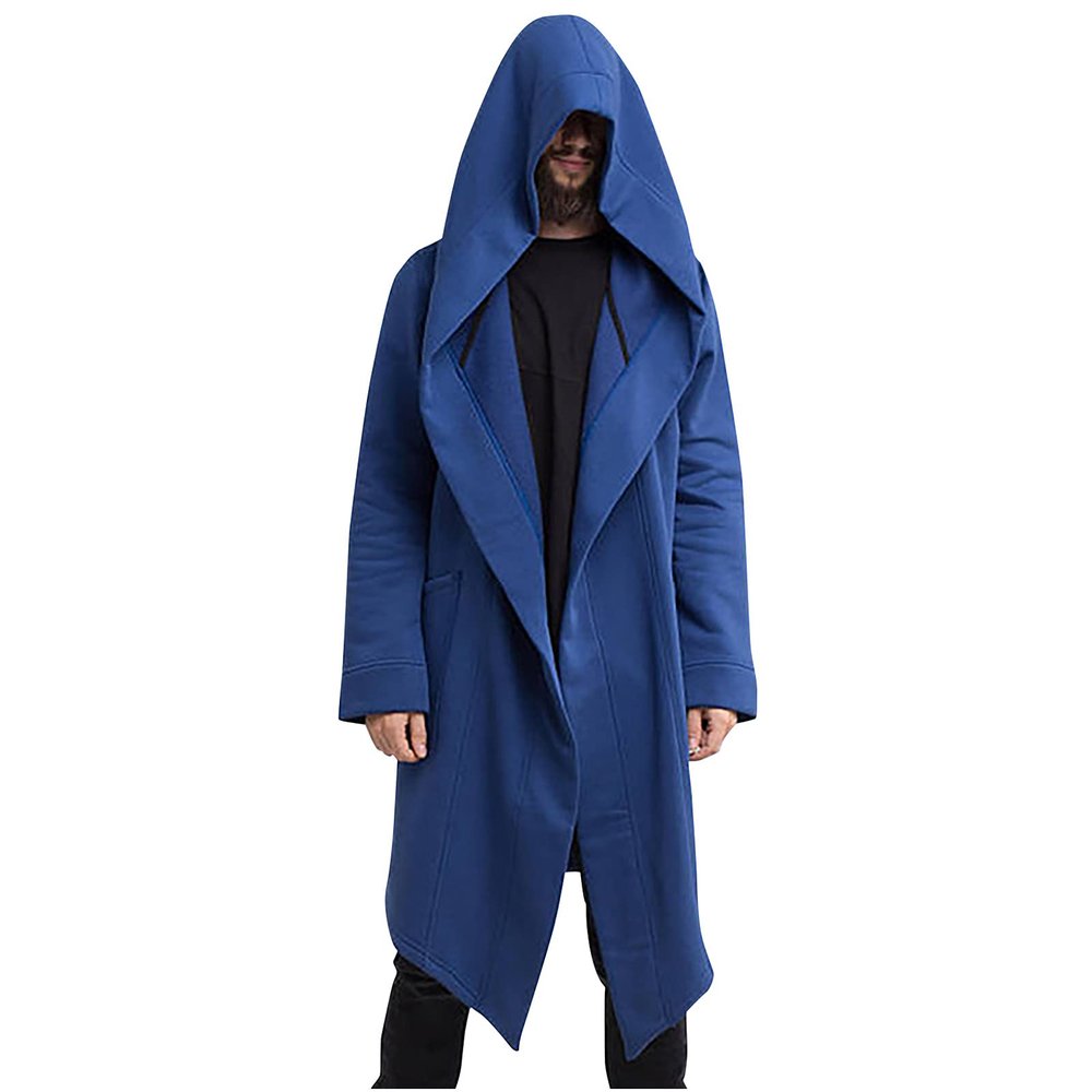hhaappyy Men's Mid-Length Street Fashion Steampunk Cape Cloak with Hood Long Sleeve Fleece Cardigan Trench Coat with Pockets, Blue