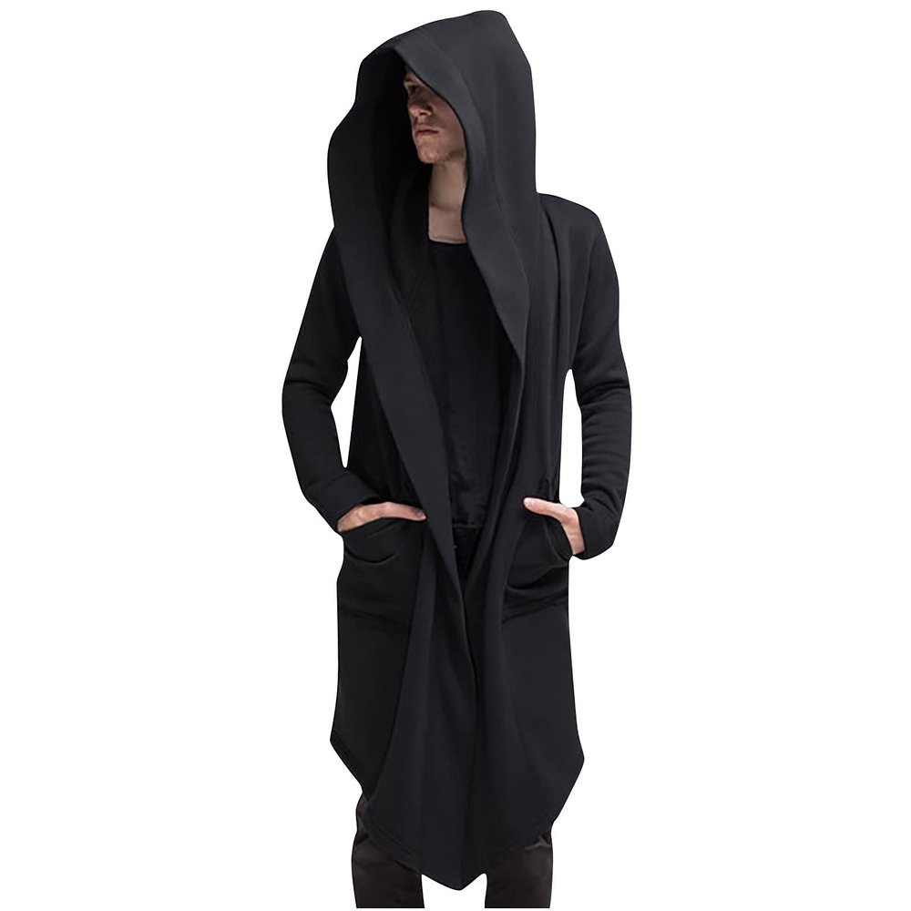 hhaappyy Men's Mid-Length Street Fashion Steampunk Cape Cloak with Hood Long Sleeve Fleece Cardigan Trench Coat with Pockets Black