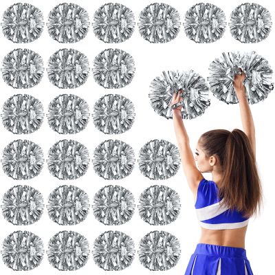 Yunsailing 24 Pack Cheerleading Pom Poms with Baton Handle 14.5 Inch Metallic Cheering Squad Pompoms for Team Sports Football Dance Cheering Adults(Silver)