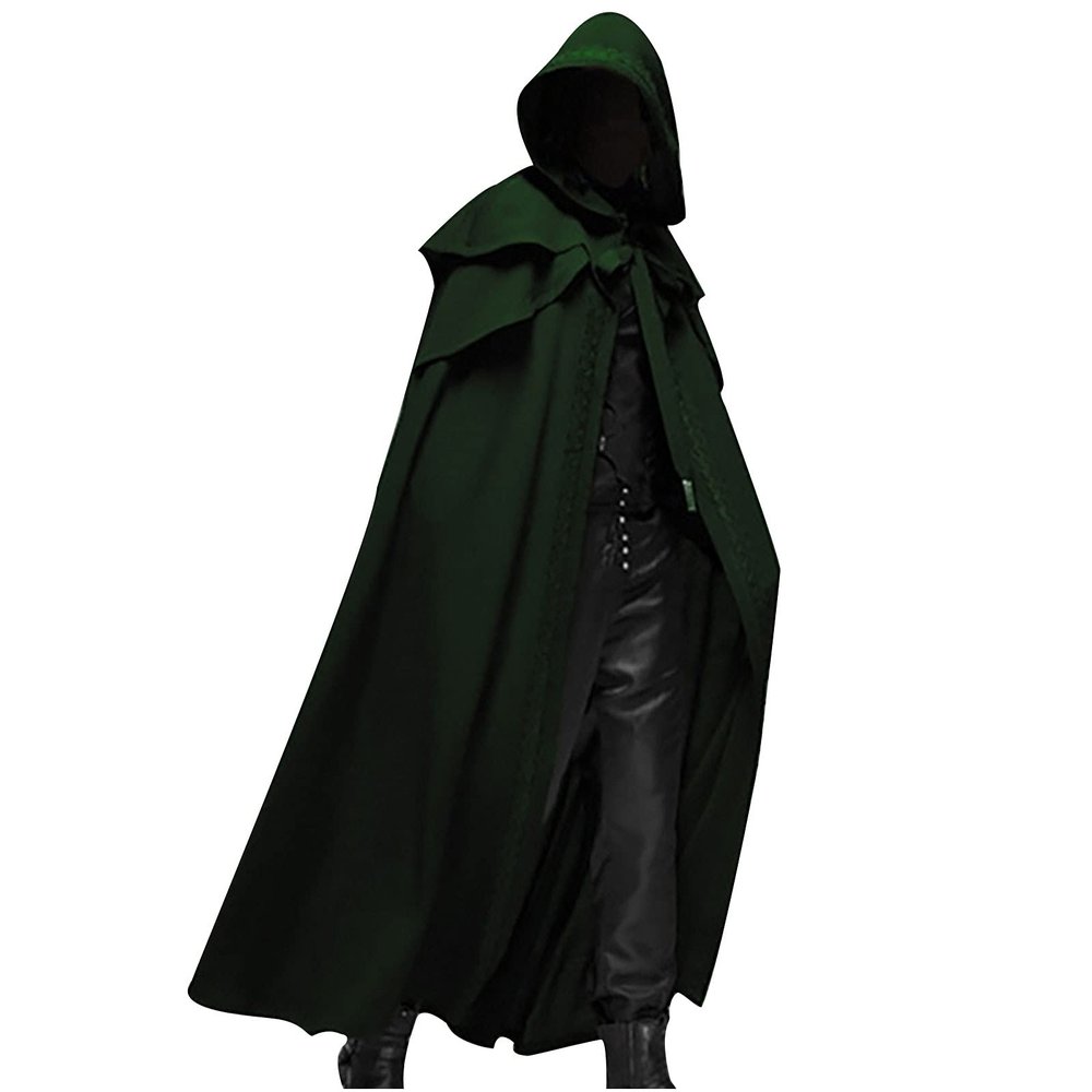 hhaappyy Men's Halloween Hooded Robe Cloak Full Length Cape Knight Fancy Cool Cosplay Costume Retro Gothic Hooded Cloak Capes, Green, X-Large