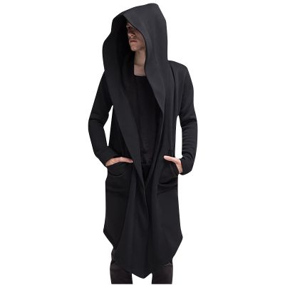 hhaappyy Men's Mid-Length Street Fashion Steampunk Cape Cloak with Hood Long Sleeve Fleece Cardigan Trench Coat with Pockets, Black