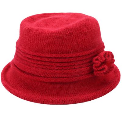 Womens Winter Knitted Cloche Bucket Hat Vintage Crochet Brimmed Skull Cap with Flower Warm Cold Weather Hat Red