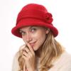 Womens Winter Knitted Cloche Bucket Hat Vintage Crochet Brimmed Skull Cap with Flower Warm Cold Weather Hat Red view 3