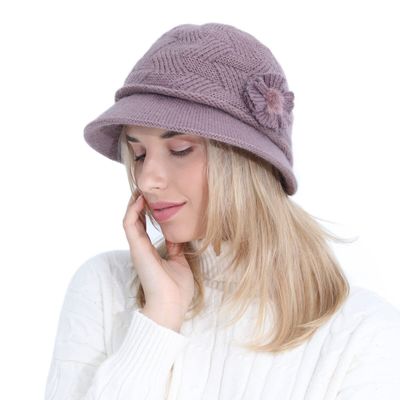 Womens Winter Knitted Hat Vintage Fleece Lined Brimmed Skull Cap Flower Decoration Cloche Bucket Hat Bowler Hat Purple