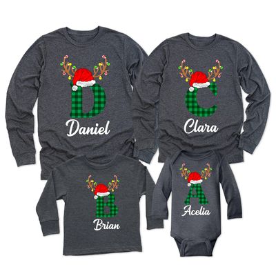 Christmas Initial Name Buffalo Plaid Shirt Matching Family Toddler Girl Boy Long Sleeve Shirt Dark Grey Heather