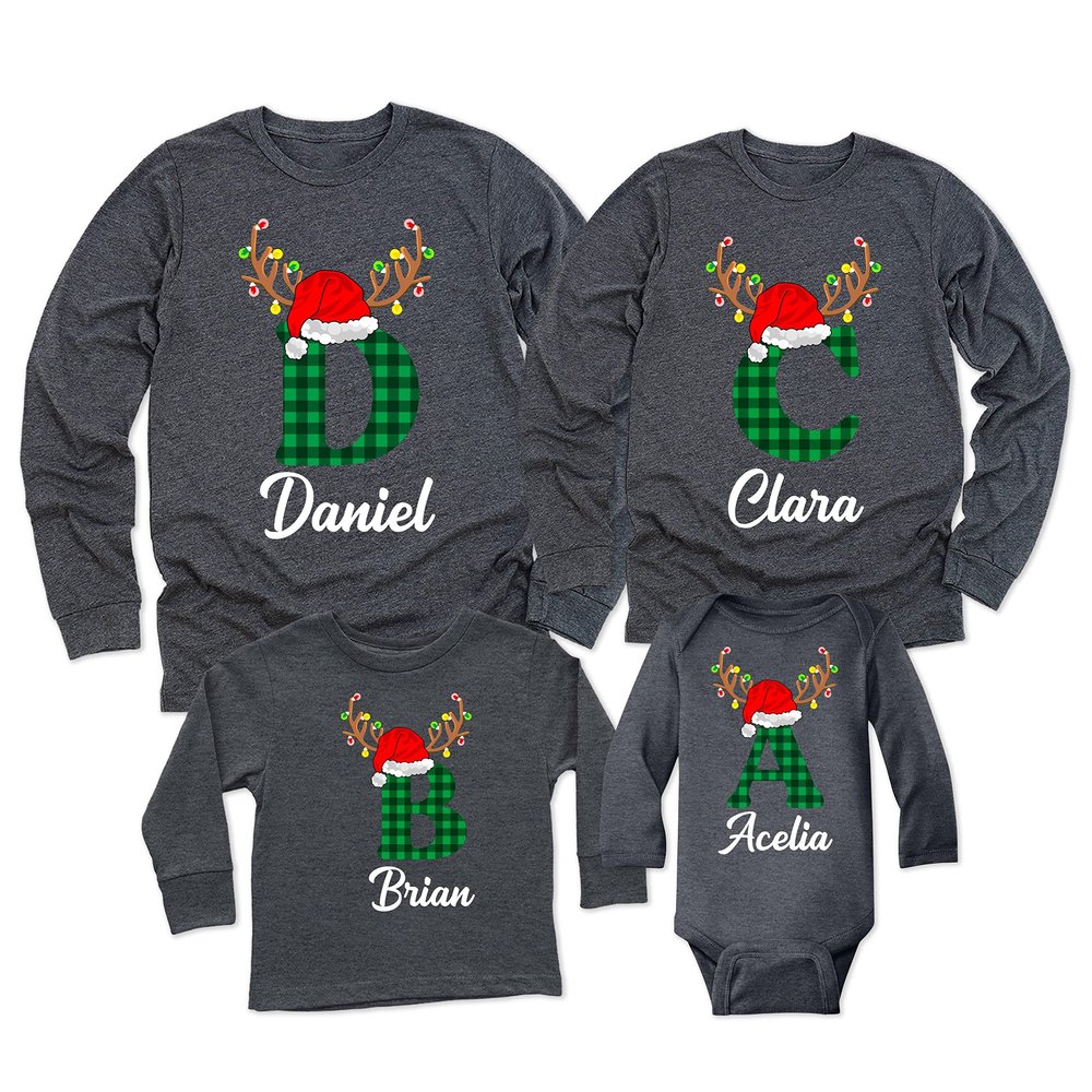 Christmas Initial Name Buffalo Plaid Shirt Matching Family Youth Boy Girl Long Sleeve Shirt Dark Grey Heather