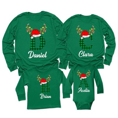 Christmas Initial Name Buffalo Plaid Shirt Matching Family Youth Boy Girl Long Sleeve Shirt Kelly