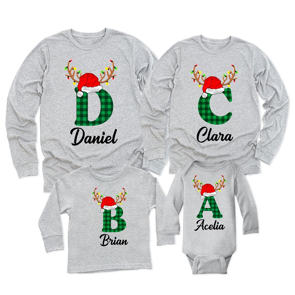 Christmas Initial Name Buffalo Plaid Shirt Matching Family Youth Boy Girl Long Sleeve Shirt Athletic Heather