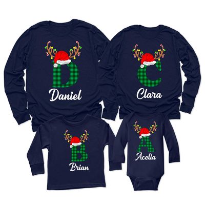 Christmas Initial Name Buffalo Plaid Shirt Matching Family Youth Boy Girl Long Sleeve Shirt Navy