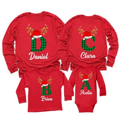 Christmas Initial Name Buffalo Plaid Shirt Matching Family Youth Boy Girl Long Sleeve Shirt Red