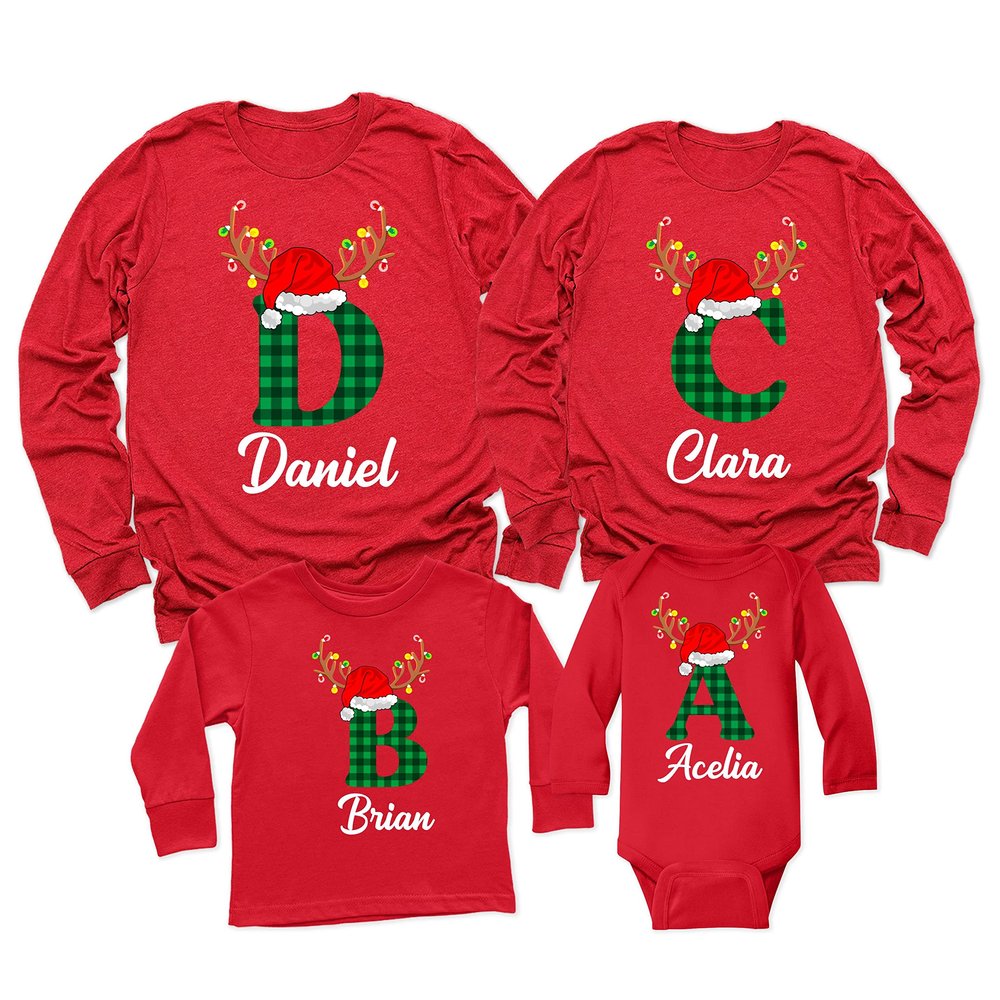Christmas Initial Name Buffalo Plaid Shirt Matching Family Youth Boy Girl Long Sleeve Shirt Red