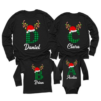Christmas Initial Name Buffalo Plaid Shirt Matching Family Toddler Girl Boy Long Sleeve Shirt Black