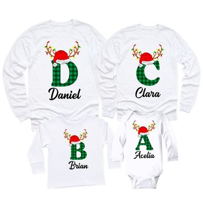 Christmas Initial Name Buffalo Plaid Shirt Matching Family Toddler Girl Boy Long Sleeve Shirt White