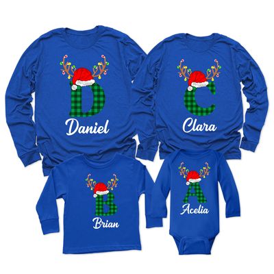 Christmas Initial Name Buffalo Plaid Shirt Matching Family Youth Boy Girl Long Sleeve Shirt Royal