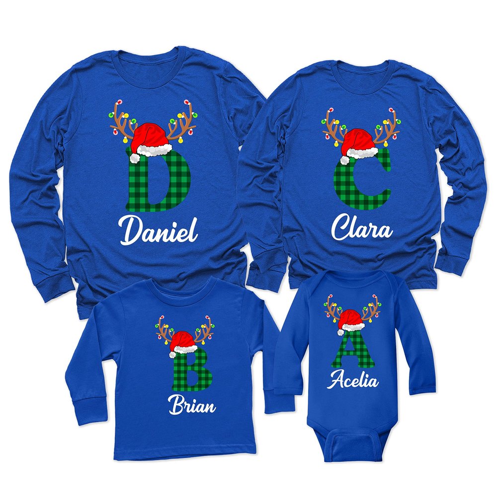 Christmas Initial Name Buffalo Plaid Shirt Matching Family Youth Boy Girl Long Sleeve Shirt Royal