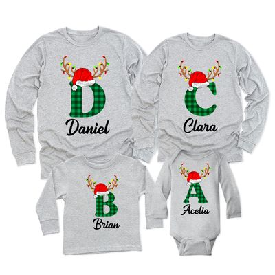 Christmas Initial Name Buffalo Plaid Shirt Matching Family Toddler Girl Boy Long Sleeve Shirt Athletic Heather