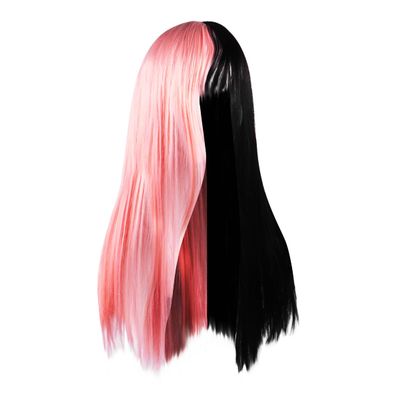 CALLARON 25.6 Inch Half Pink Half Black Synthetic Hair Wig Long Straight Color-Blocking Wig for Women Cosplay Festival Party